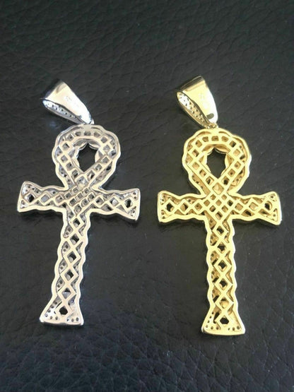 HarlemBling Ankh Cuban Link Cross 14k Gold Solid 925 Sterling Silver Pendant 1ct Man Diamond