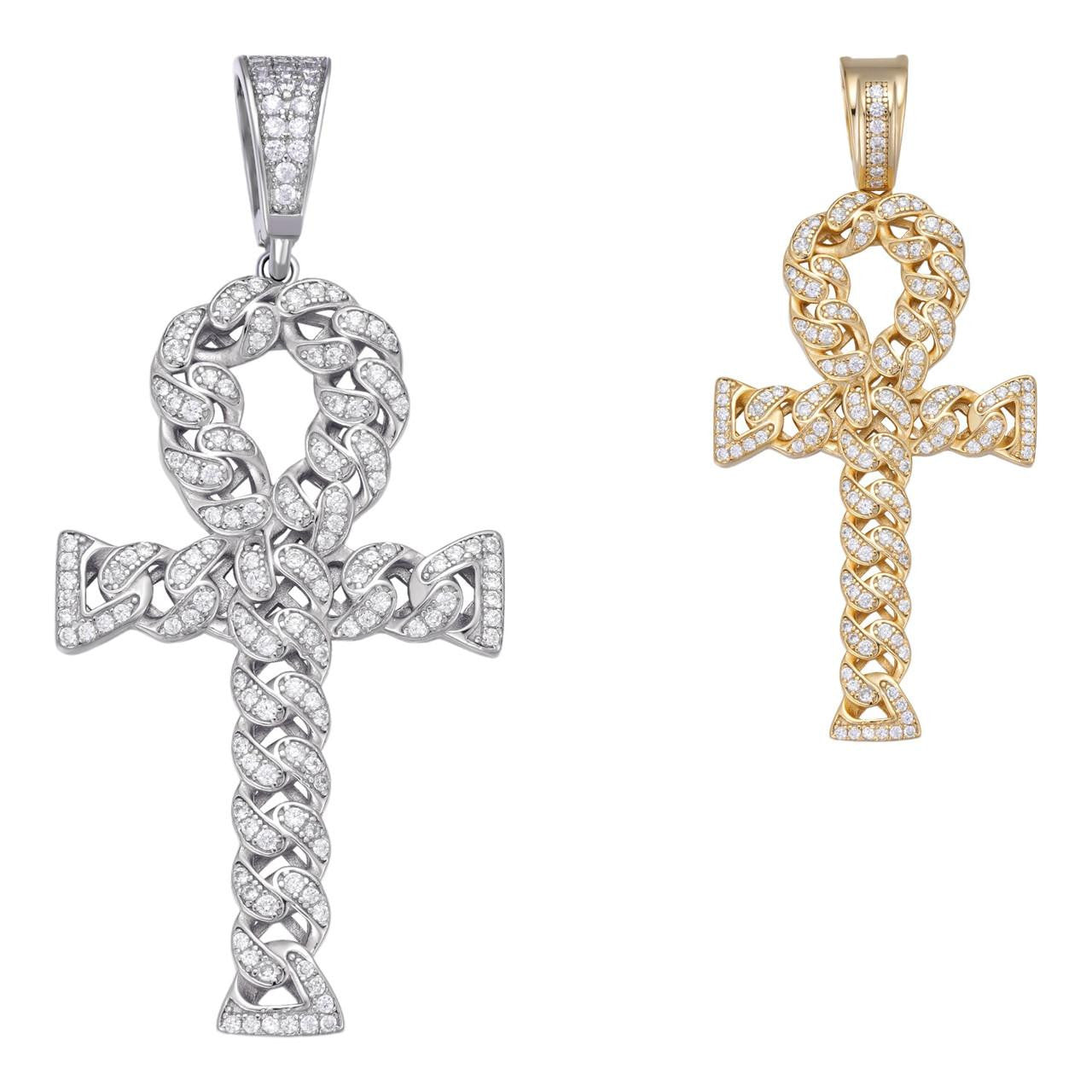 HarlemBling Ankh Cuban Link Cross Pendant - 14k Gold Vermeil Or 925 Silver - CZ Stones - Medium 2"