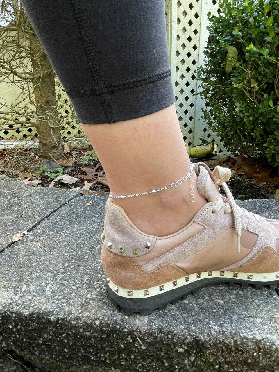 HarlemBling Ankle Bracelet Beaded Chain Anklet Real 925 Silver Adjustable Length 8-11.5