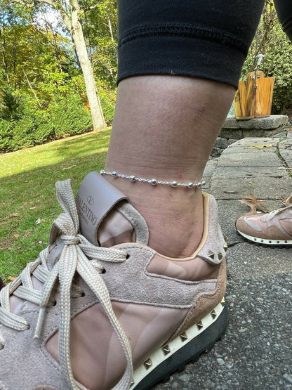 HarlemBling Ankle Bracelet Beaded Chain Anklet Real 925 Silver Adjustable Length 8-11.5