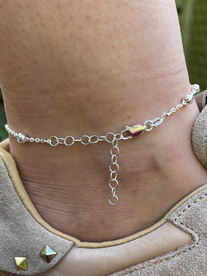 HarlemBling Ankle Bracelet Beaded Chain Anklet Real 925 Silver Adjustable Length 8-11.5