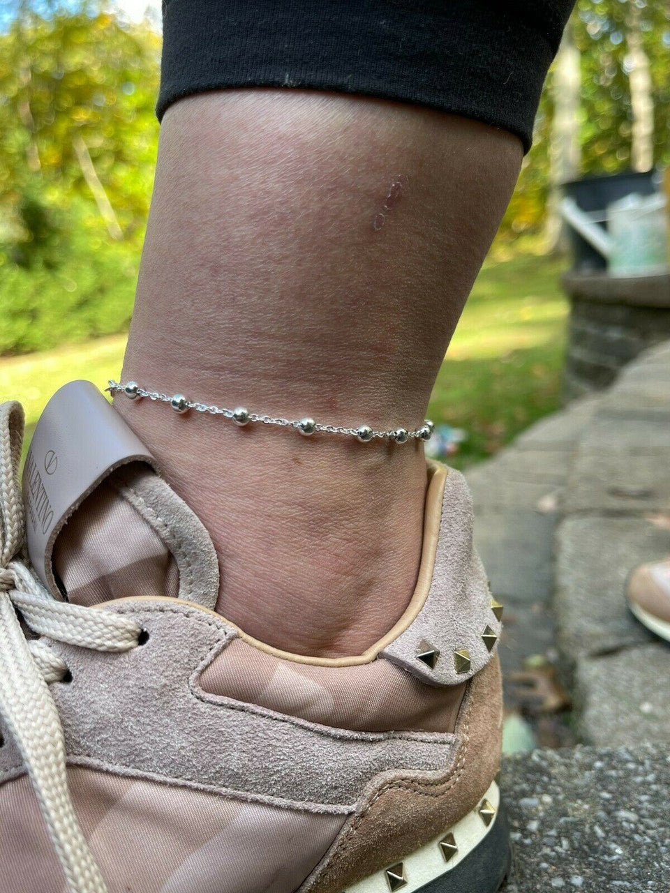 HarlemBling Ankle Bracelet Beaded Chain Anklet Real 925 Silver Adjustable Length 8-11.5