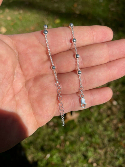 HarlemBling Ankle Bracelet Beaded Chain Anklet Real 925 Silver Adjustable Length 8-11.5