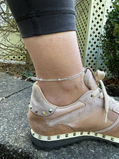 HarlemBling Ankle Bracelet Beaded Chain Anklet Real 925 Silver Adjustable Length 8-11.5