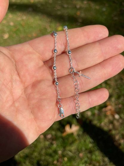HarlemBling Ankle Bracelet Rosary Cross Beads Anklet 925 Sterling Silver Adjustable 8-11.5