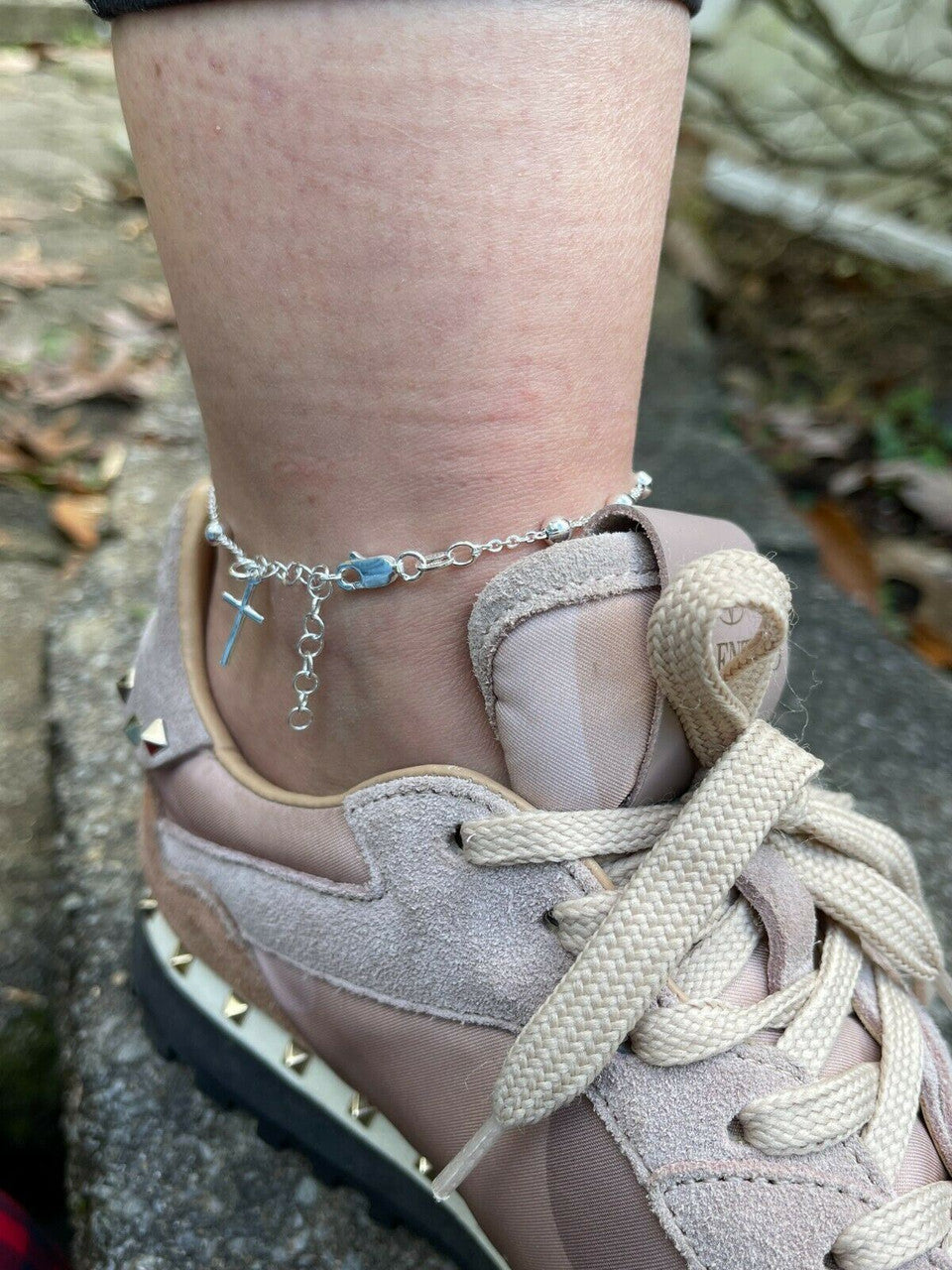 HarlemBling Ankle Bracelet Rosary Cross Beads Anklet 925 Sterling Silver Adjustable 8-11.5