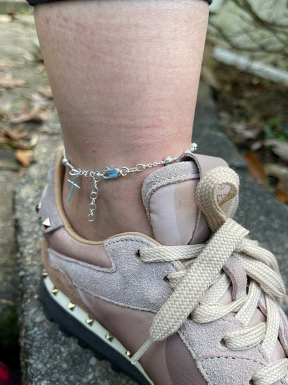 HarlemBling Ankle Bracelet Rosary Cross Beads Anklet 925 Sterling Silver Adjustable 8-11.5