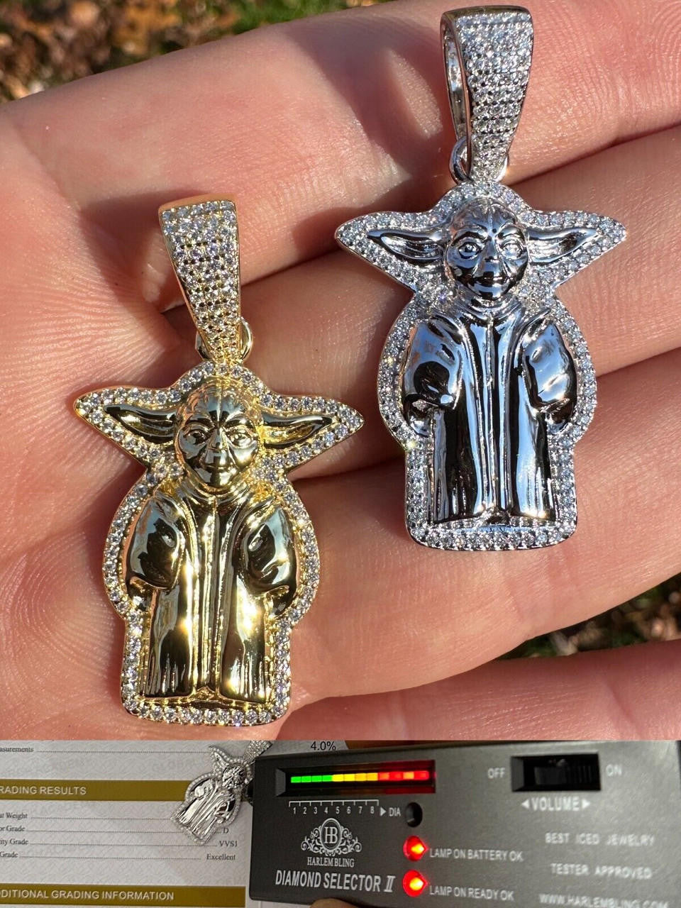 HarlemBling Baby Yoda Star Wars Pendant MOISSANITE Real 925 Silver / 14k Gold Iced Hip Hop