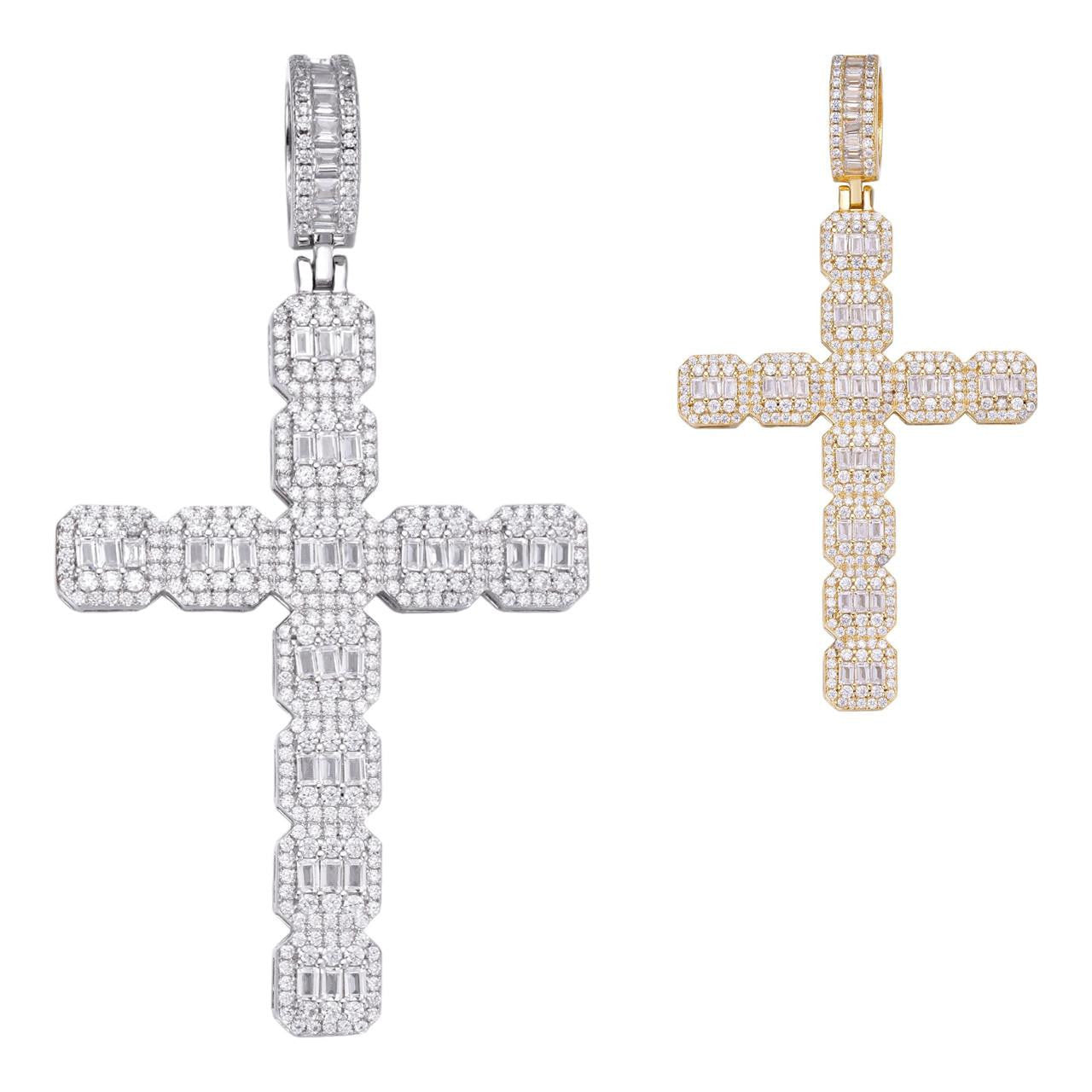 HarlemBling Baguette Big Boy Hip Hop Cross Pendant - 14k Gold Vermeil Or 925 Silver - CZ Stones - Large 3"