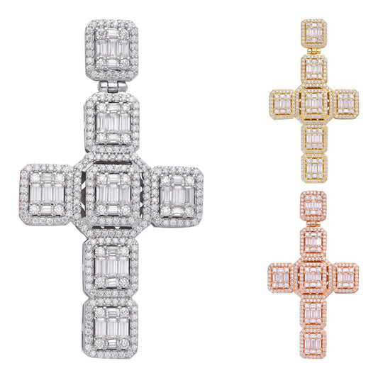 HarlemBling Baguette Big Boy Iced Cross Pendant- 14k Yellow/Rose Gold Vermeil Or 925 Silver - CZ Stones - Medium 2"