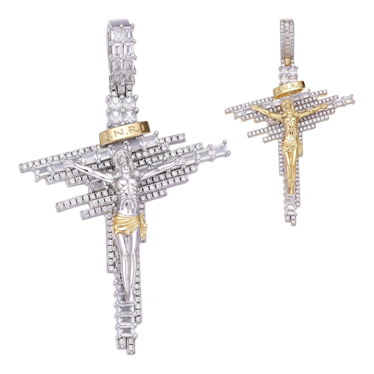 HarlemBling Baguette Crucifix Jesus Cross Iced Pendant - 14k Gold Vermeil Or 925 Silver - CZ Stones - Large 2.5"