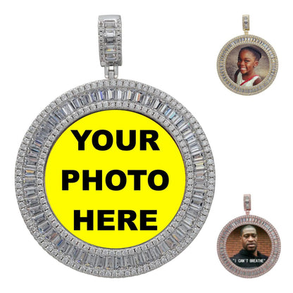 HarlemBling Baguette Custom Photo Memory Pendant - CZ Stones - 14k Yellow/Rose Gold Vermeil Or 925 Silver - Medium 2"