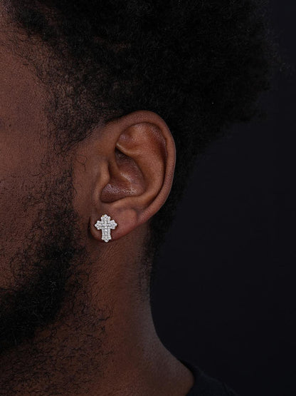 HarlemBling Baguette Gothic Cross Iced Out Earrings - 14k Gold Vermeil 925 Silver - CZ Stones - 11x15mm