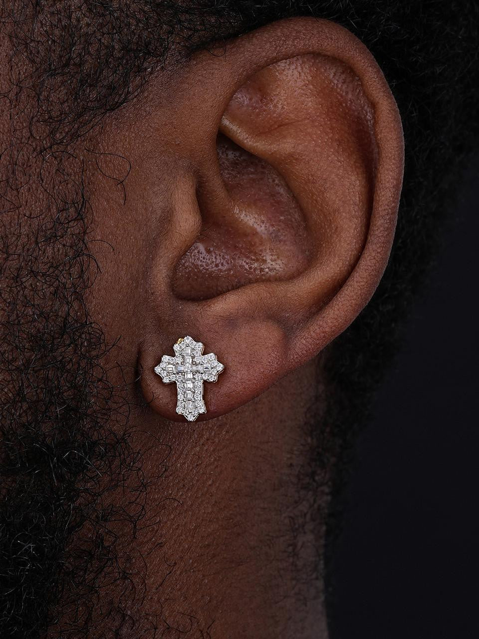 HarlemBling Baguette Gothic Cross Iced Out Earrings - 14k Gold Vermeil 925 Silver - CZ Stones - 11x15mm