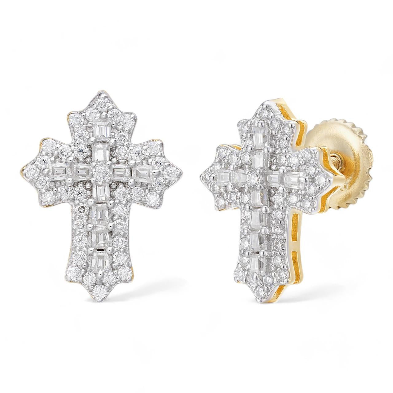 HarlemBling Baguette Gothic Cross Iced Out Earrings - 14k Gold Vermeil 925 Silver - CZ Stones - 11x15mm