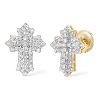 HarlemBling Baguette Gothic Cross Iced Out Earrings - 14k Gold Vermeil 925 Silver - CZ Stones - 11x15mm