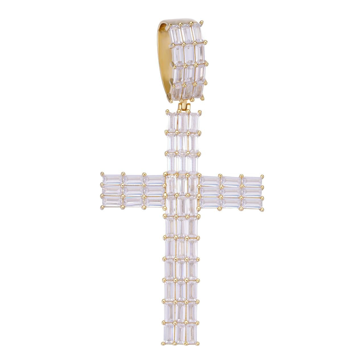 HarlemBling Baguette Hip Hop Cross Pendant - 14k Gold Vermeil 925 Silver - CZ Stones - 4 Sizes 1"-3"