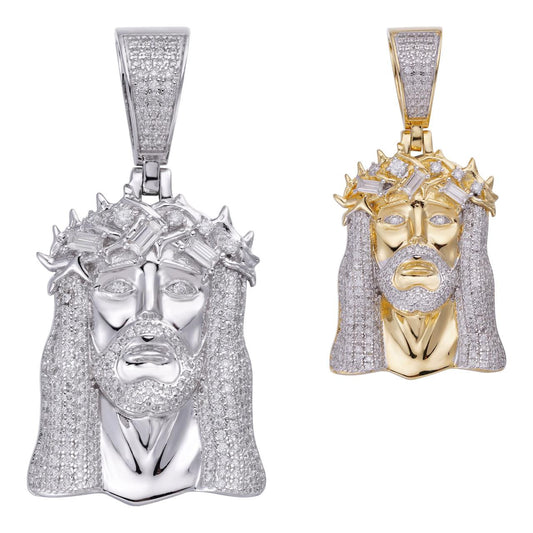 HarlemBling Baguette Iced Bust Down Jesus Pendant - 14k Yellow Gold Vermeil Or 925 Silver - CZ Stones - Medium 2"