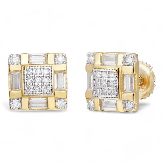 HarlemBling Baguette Modern Look Iced Out Earrings - 14k Gold Vermeil 925 Silver - CZ Stones - 8.5mm