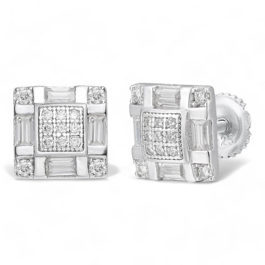 HarlemBling Baguette Modern Look Iced Out Earrings - 925 Silver - CZ Stones - 8.5mm