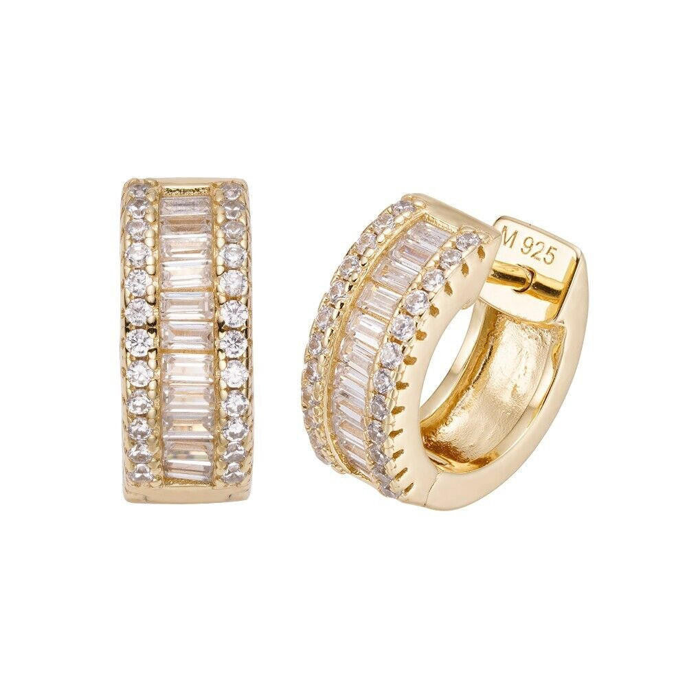HarlemBling Baguette Moissanite 14k Gold Over Real 925 Silver Hoops Small Huggie Earrings