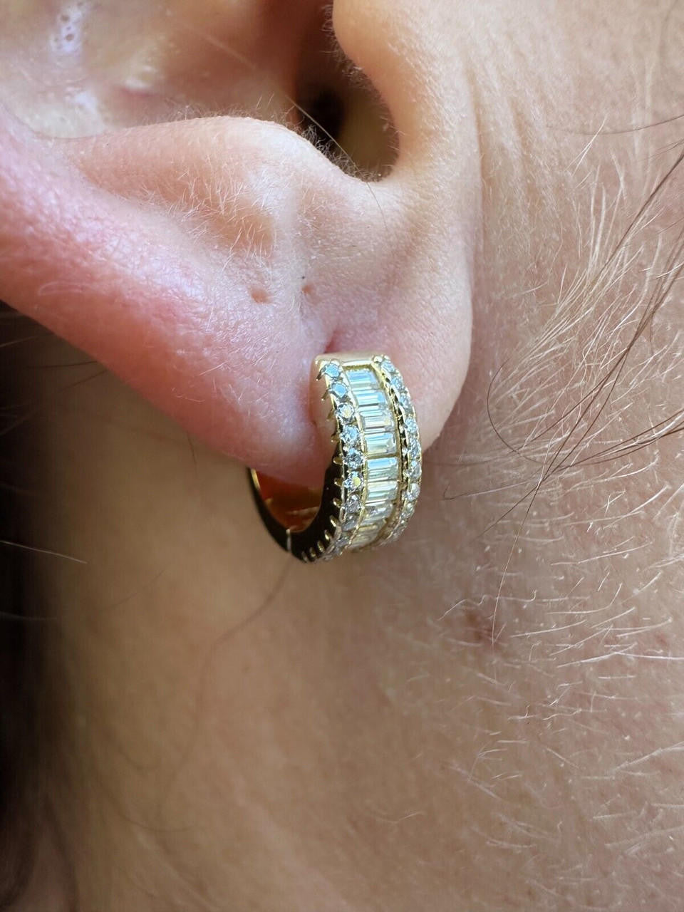 HarlemBling Baguette Moissanite 14k Gold Over Real 925 Silver Hoops Small Huggie Earrings