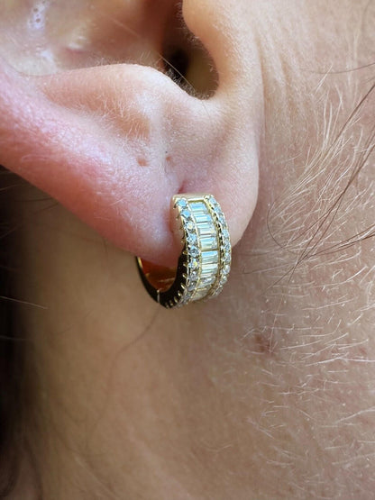 HarlemBling Baguette Moissanite 14k Gold Over Real 925 Silver Hoops Small Huggie Earrings