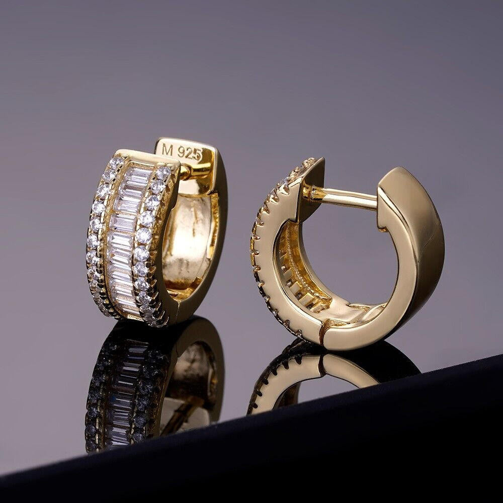 HarlemBling Baguette Moissanite 14k Gold Over Real 925 Silver Hoops Small Huggie Earrings