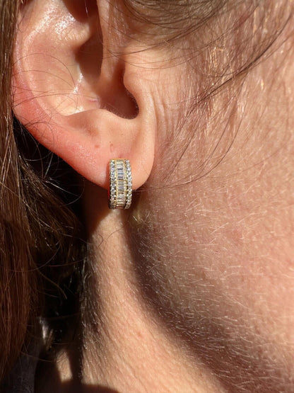 HarlemBling Baguette Moissanite 14k Gold Over Real 925 Silver Hoops Small Huggie Earrings