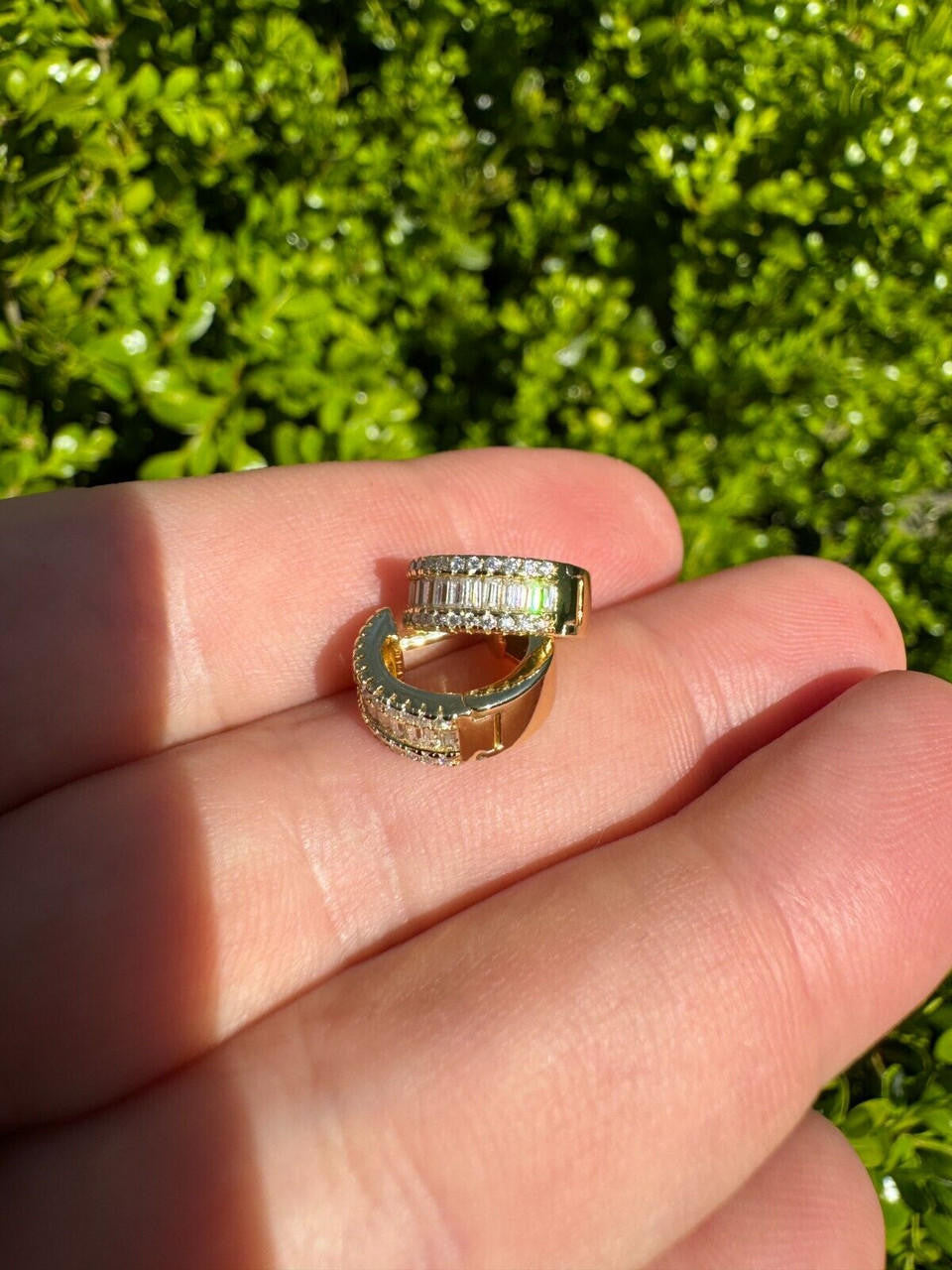 HarlemBling Baguette Moissanite 14k Gold Over Real 925 Silver Hoops Small Huggie Earrings