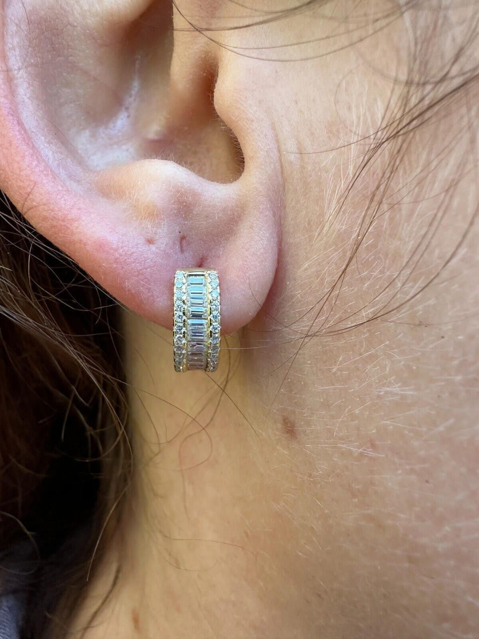 HarlemBling Baguette Moissanite 14k Gold Over Real 925 Silver Hoops Small Huggie Earrings