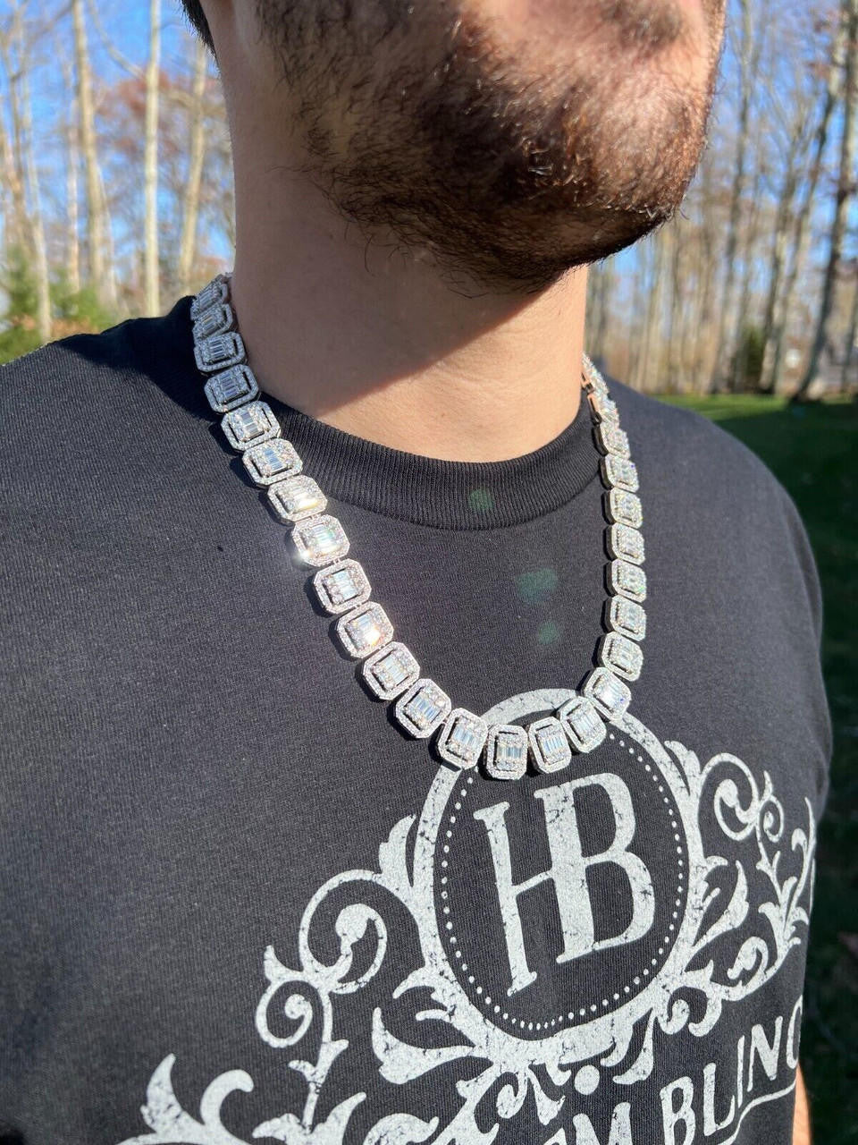 HarlemBling Baguette MOISSANITE Real 925 Silver 15mm Square Chain Necklace Pass Diamond Test