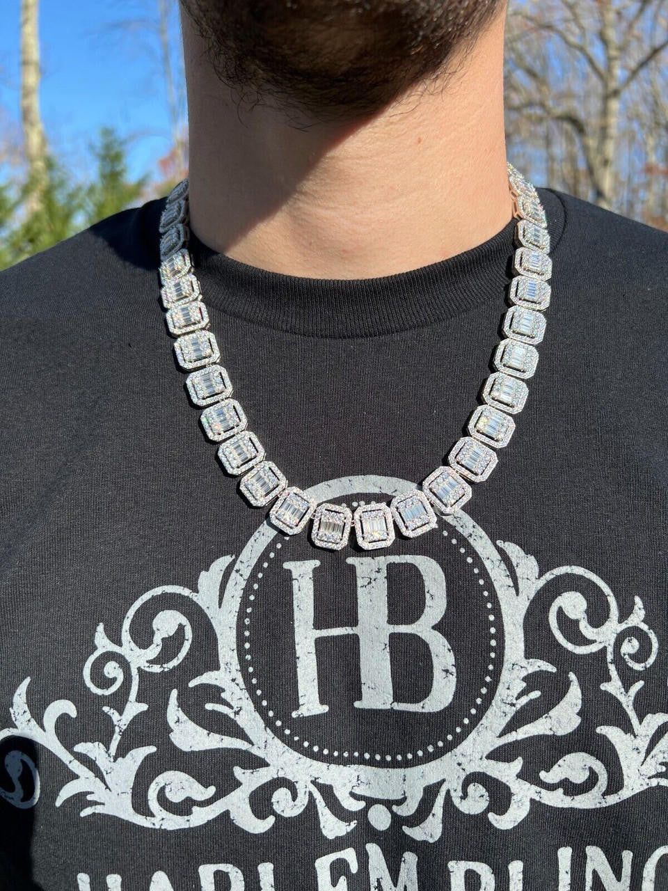 HarlemBling Baguette MOISSANITE Real 925 Silver 15mm Square Chain Necklace Pass Diamond Test