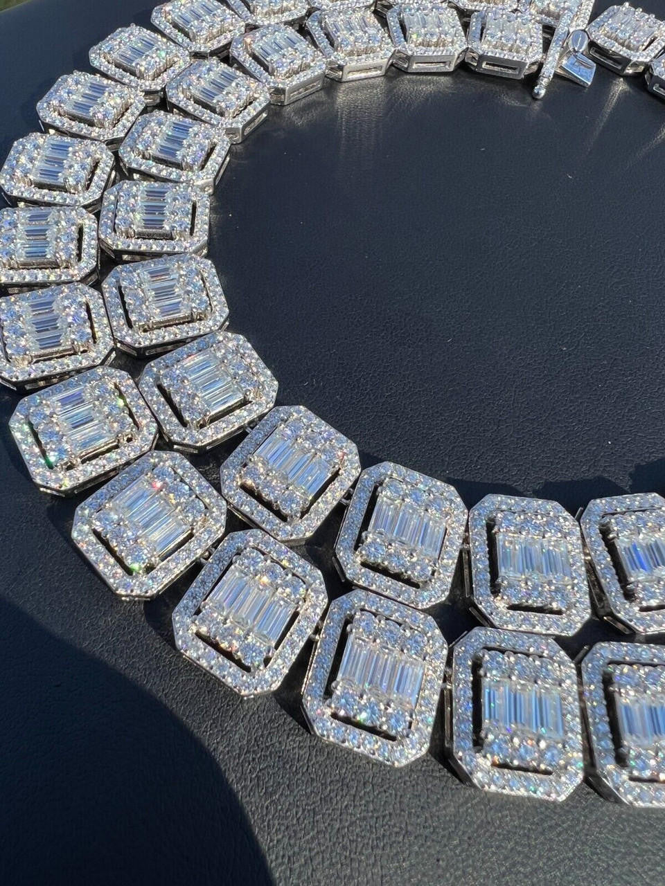 HarlemBling Baguette MOISSANITE Real 925 Silver 15mm Square Chain Necklace Pass Diamond Test