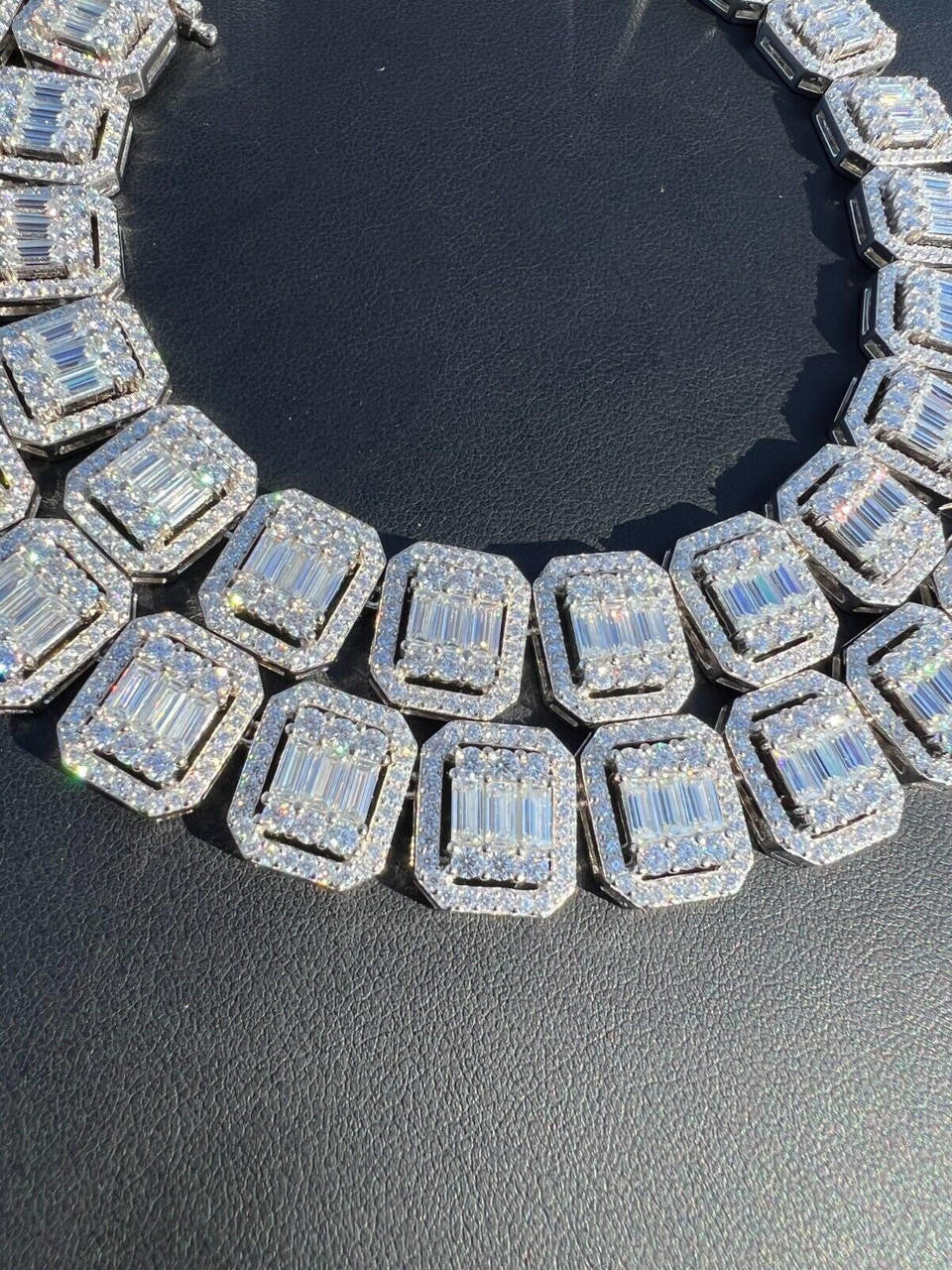 HarlemBling Baguette MOISSANITE Real 925 Silver 15mm Square Chain Necklace Pass Diamond Test