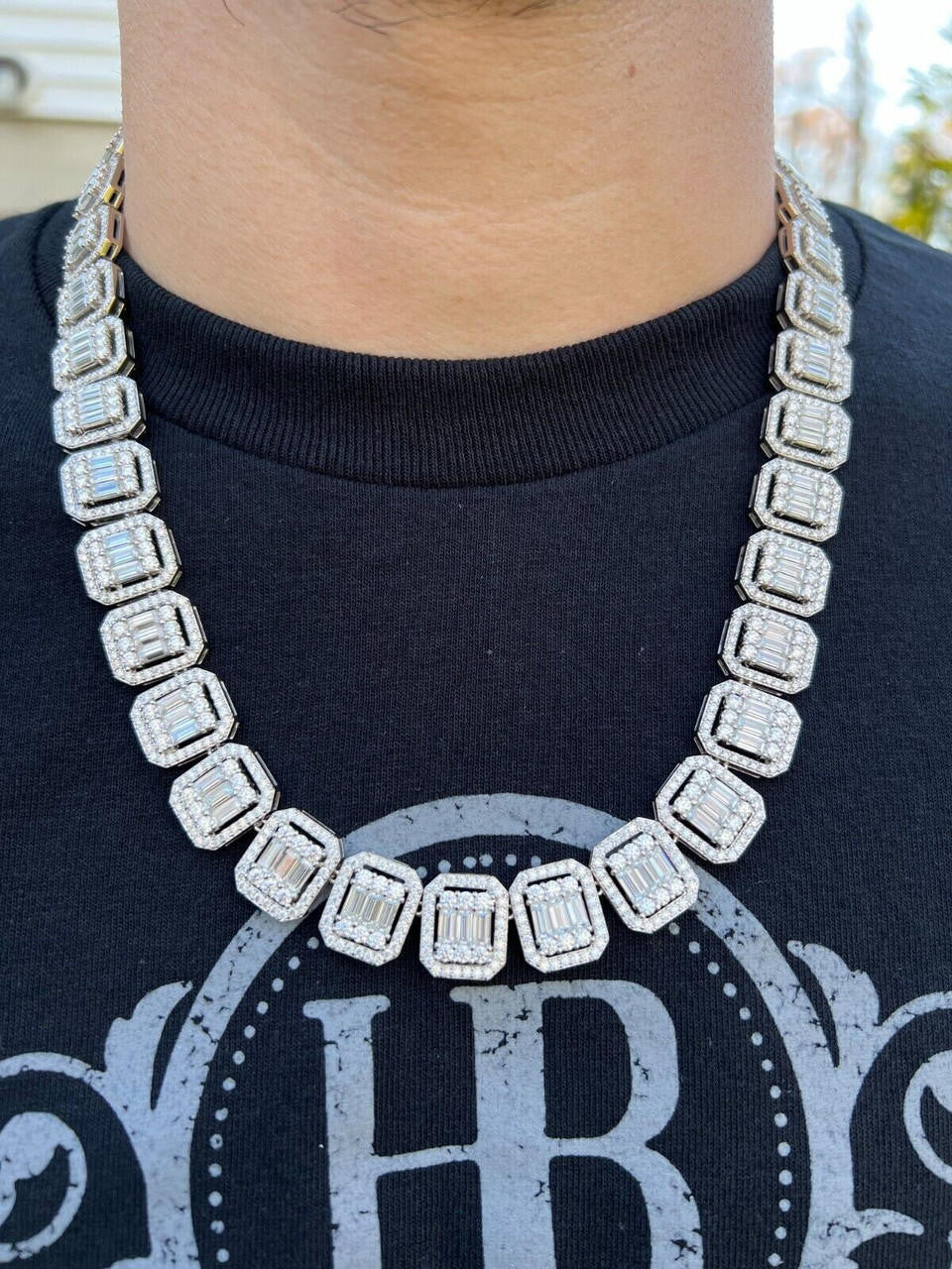 HarlemBling Baguette MOISSANITE Real 925 Silver 15mm Square Chain Necklace Pass Diamond Test