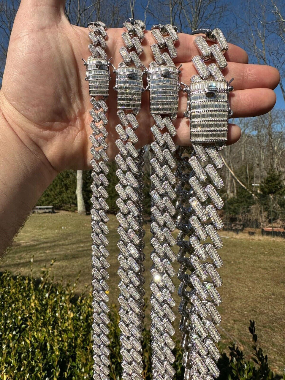 HarlemBling Baguette MOISSANITE Real Miami Cuban Link Chain Iced Solid 925 Silver Necklace