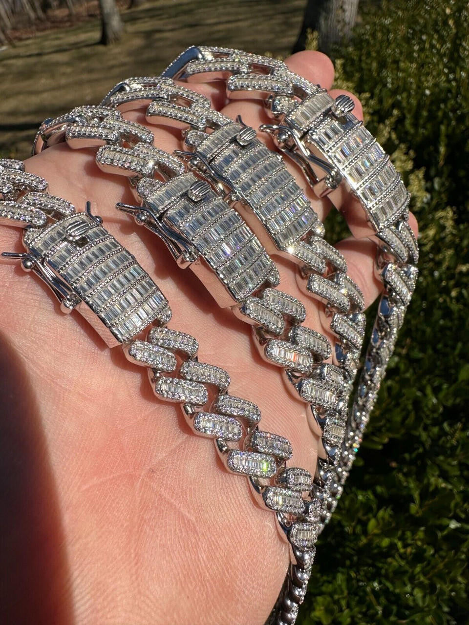 HarlemBling Baguette MOISSANITE Real Miami Cuban Link Chain Iced Solid 925 Silver Necklace