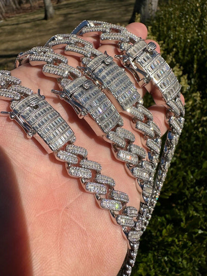 HarlemBling Baguette MOISSANITE Real Miami Cuban Link Chain Iced Solid 925 Silver Necklace
