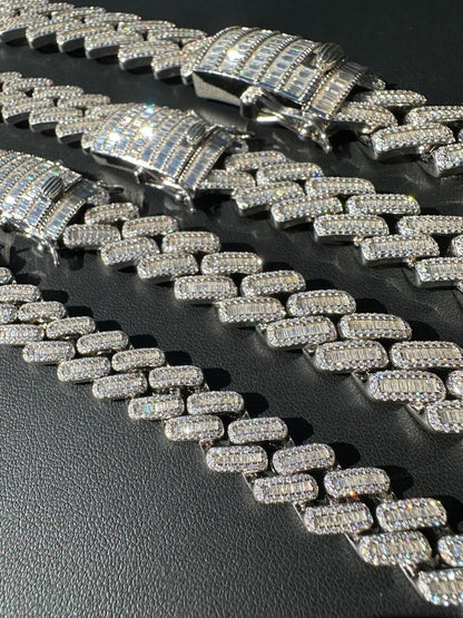 HarlemBling Baguette MOISSANITE Real Miami Cuban Link Chain Iced Solid 925 Silver Necklace