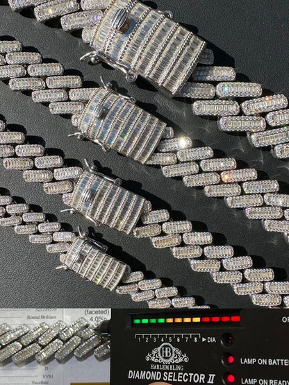 HarlemBling Baguette MOISSANITE Real Miami Cuban Link Chain Iced Solid 925 Silver Necklace