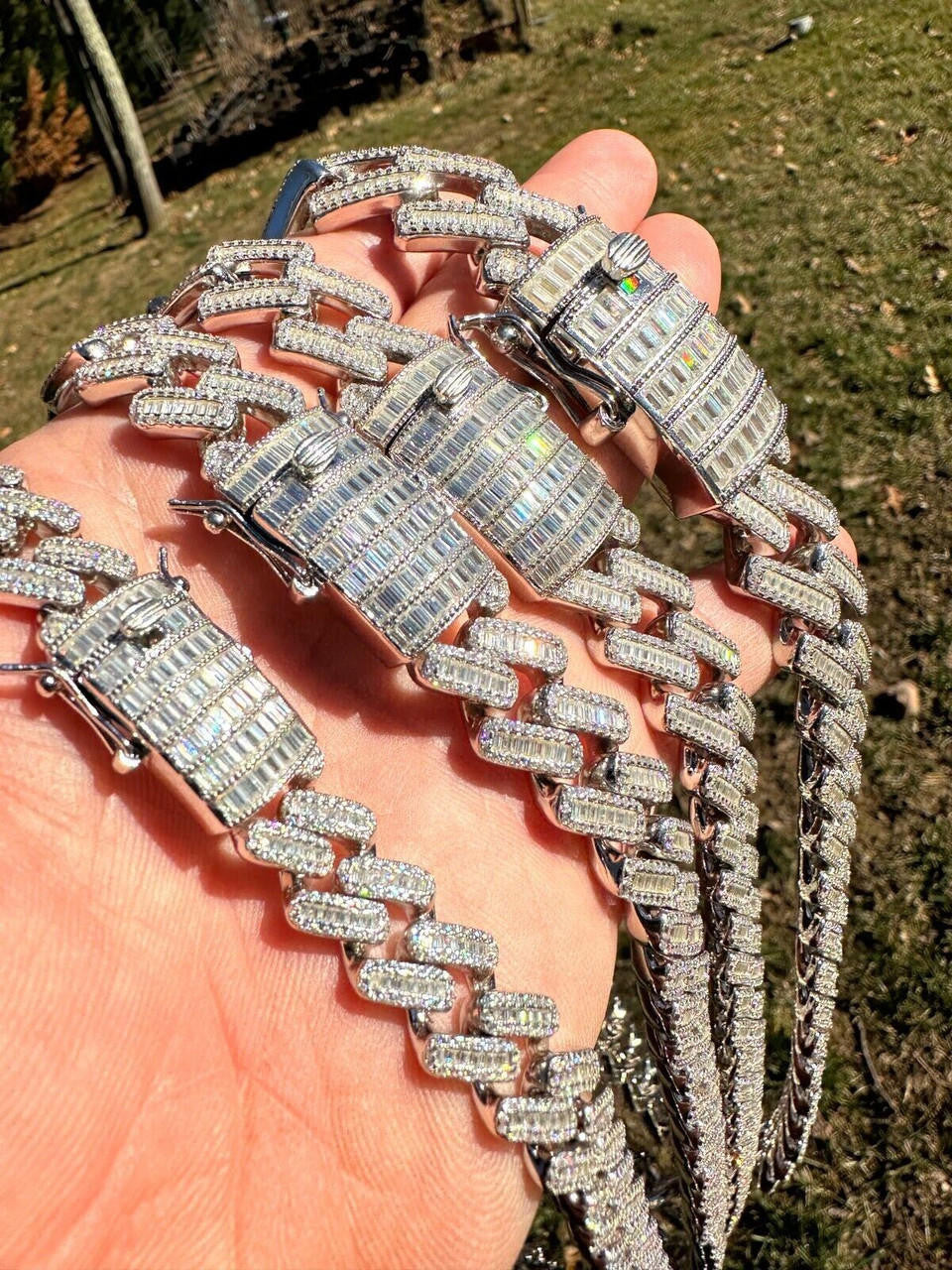 HarlemBling Baguette MOISSANITE Real Miami Cuban Link Chain Iced Solid 925 Silver Necklace