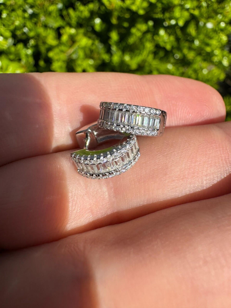 HarlemBling Baguette Moissanite Real Solid 925 Silver Hoops Small Huggie Hoop Earrings 12mm