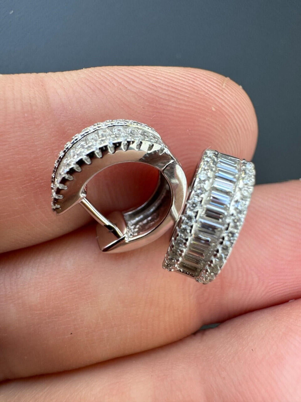 HarlemBling Baguette Moissanite Real Solid 925 Silver Hoops Small Huggie Hoop Earrings 12mm