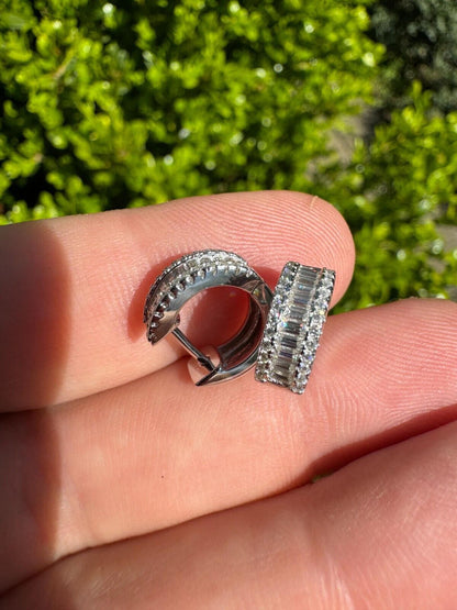 HarlemBling Baguette Moissanite Real Solid 925 Silver Hoops Small Huggie Hoop Earrings 12mm