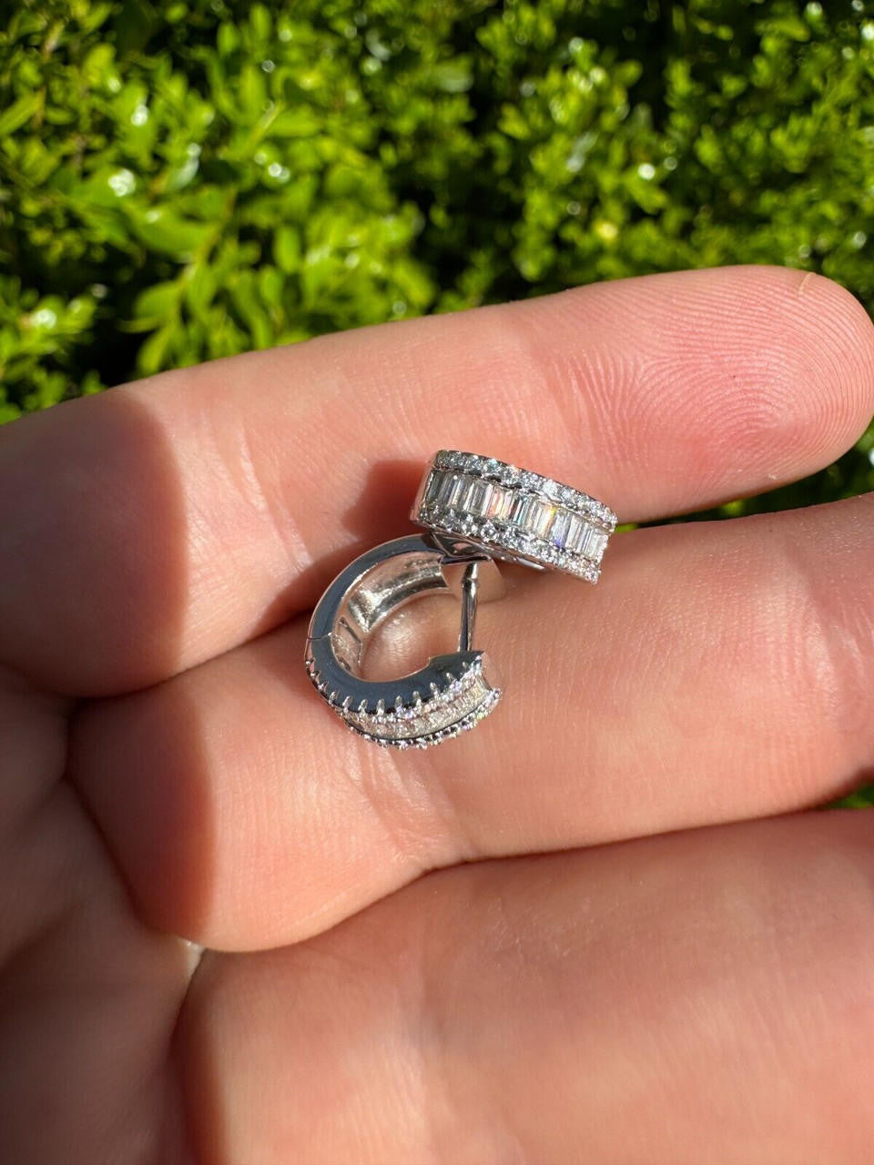 HarlemBling Baguette Moissanite Real Solid 925 Silver Hoops Small Huggie Hoop Earrings 12mm