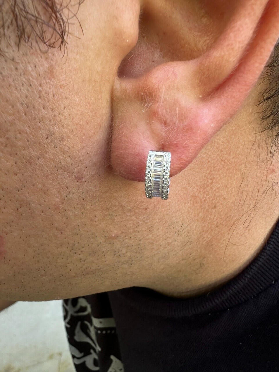 HarlemBling Baguette Moissanite Real Solid 925 Silver Hoops Small Huggie Hoop Earrings 12mm