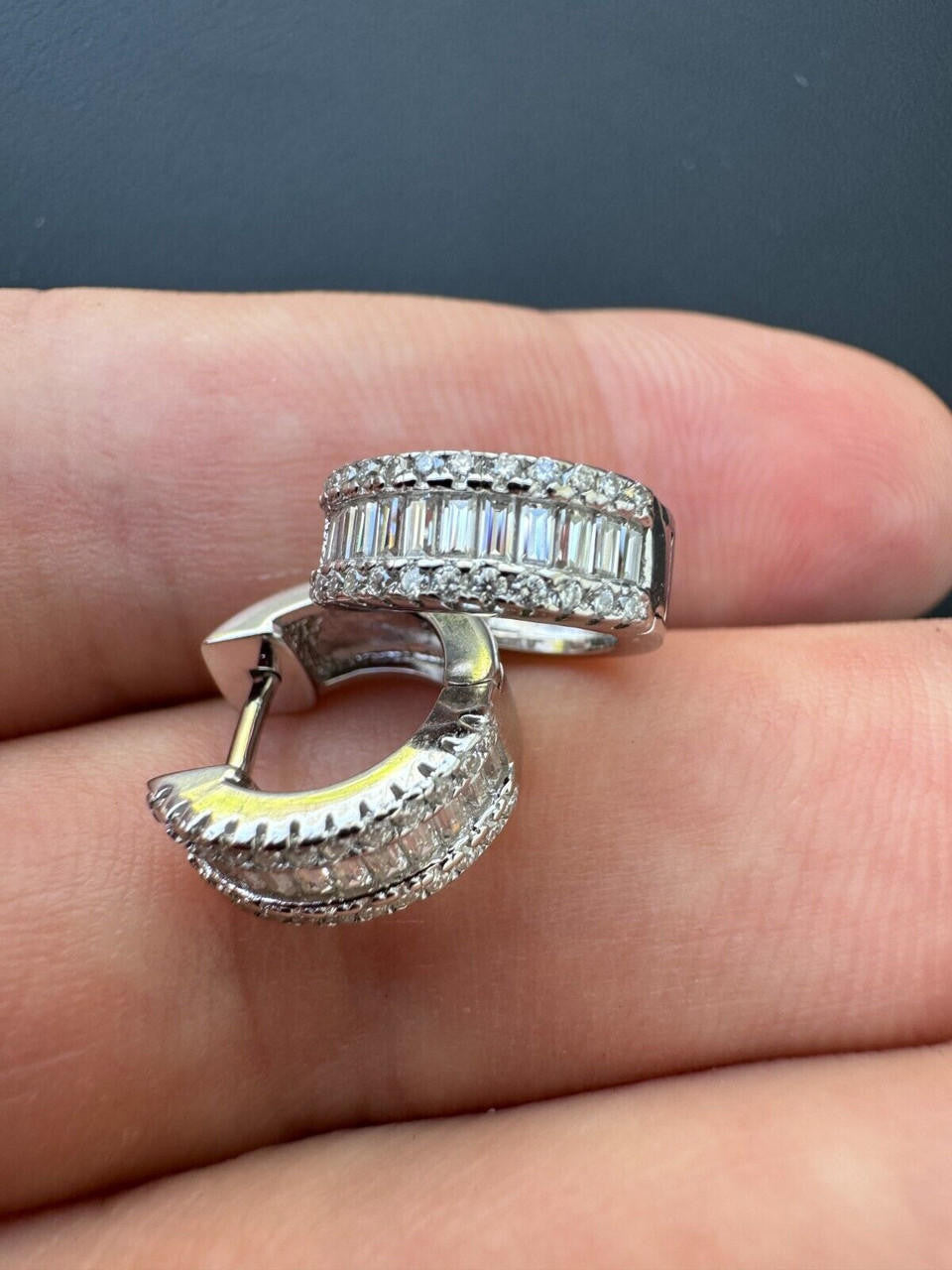 HarlemBling Baguette Moissanite Real Solid 925 Silver Hoops Small Huggie Hoop Earrings 12mm