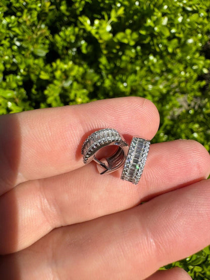 HarlemBling Baguette Moissanite Real Solid 925 Silver Hoops Small Huggie Hoop Earrings 12mm