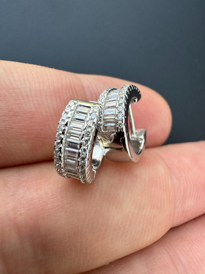 HarlemBling Baguette Moissanite Real Solid 925 Silver Hoops Small Huggie Hoop Earrings 12mm
